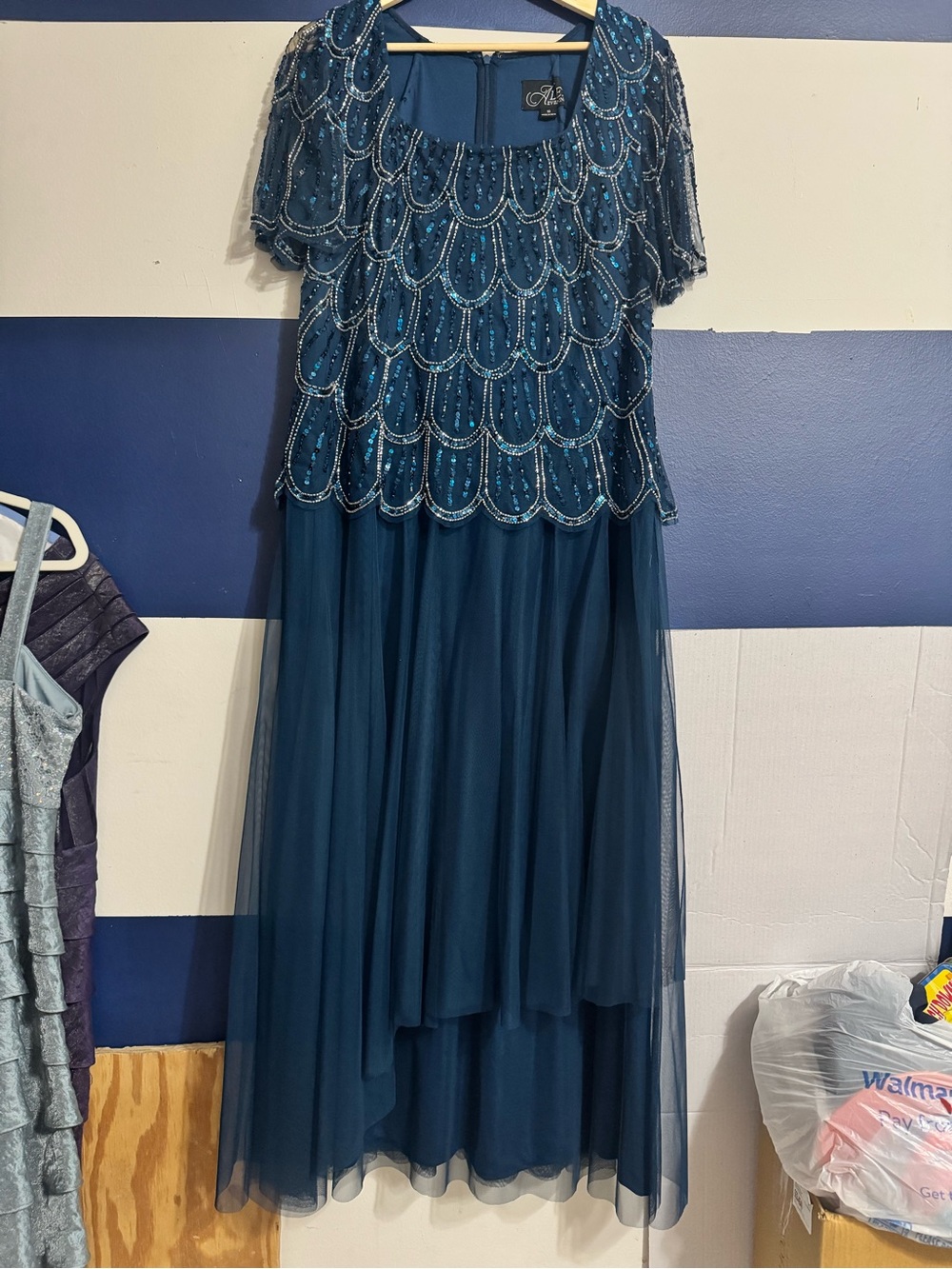 Alex Evenings Teal Beaded Layered Evening Dress